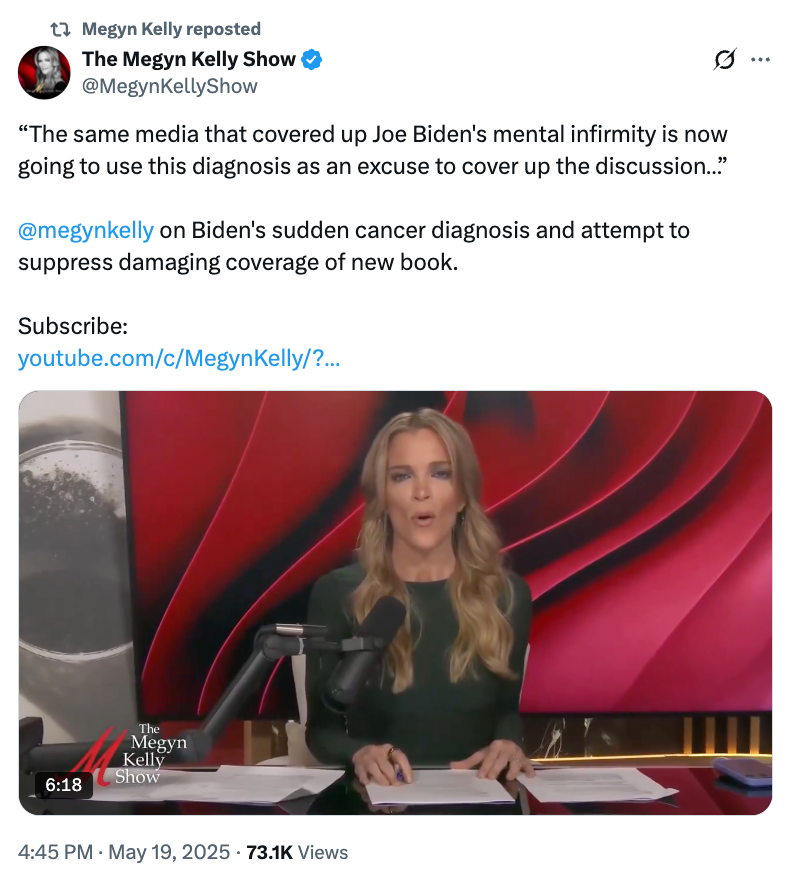 Megyn Kelly appears on a talk show set, seated at a desk, discussing media coverage of Joe Biden's health