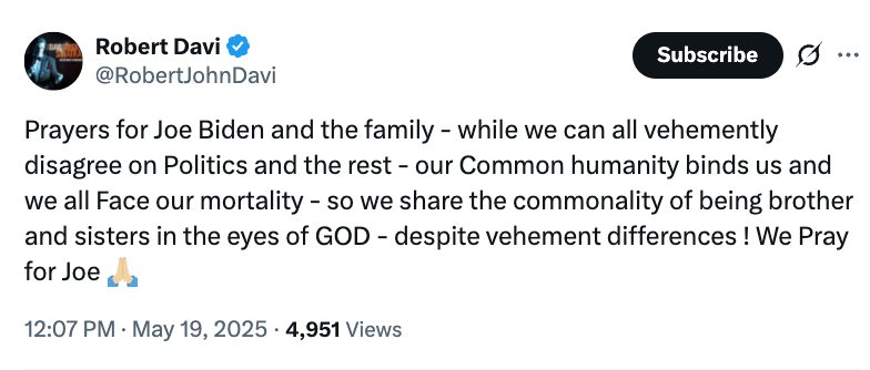 Tweet from Robert Davi offering prayers for Joe Biden and family, highlighting shared humanity despite political disagreements