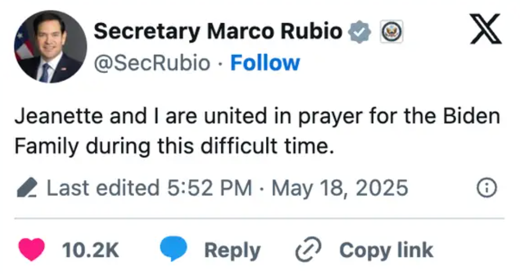 Social media post by Secretary Marco Rubio expressing prayer and support for the Biden family during a challenging time