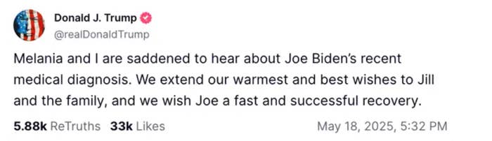 Summary of tweet from Donald J. Trump expressing sympathy for Joe Biden's medical diagnosis and wishing him a fast recovery