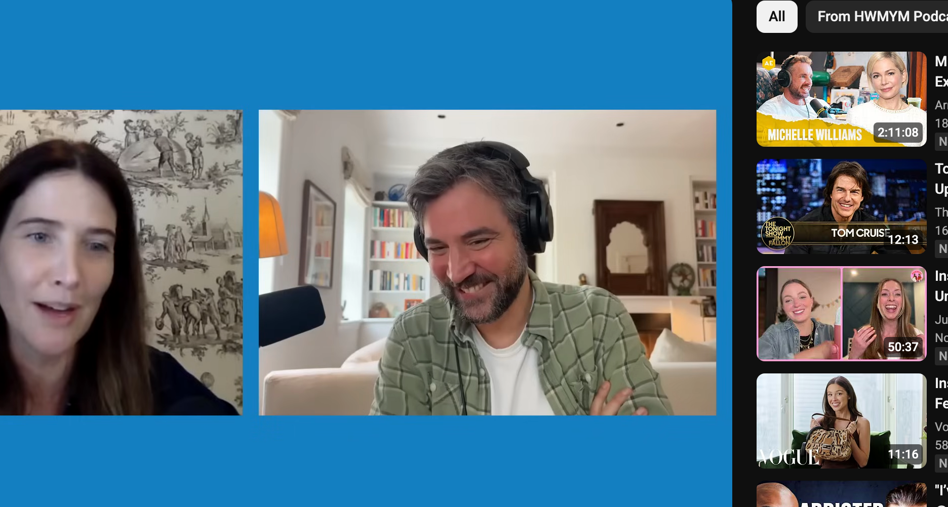 Cobie Smulders and Josh Radnor speaking on a podcast; Josh is red-faced and laughing