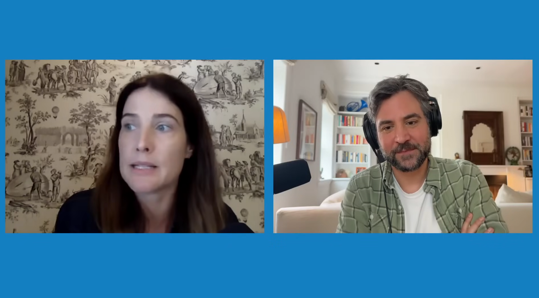 Cobie Smulders and Josh Radnor speaking on a podcast