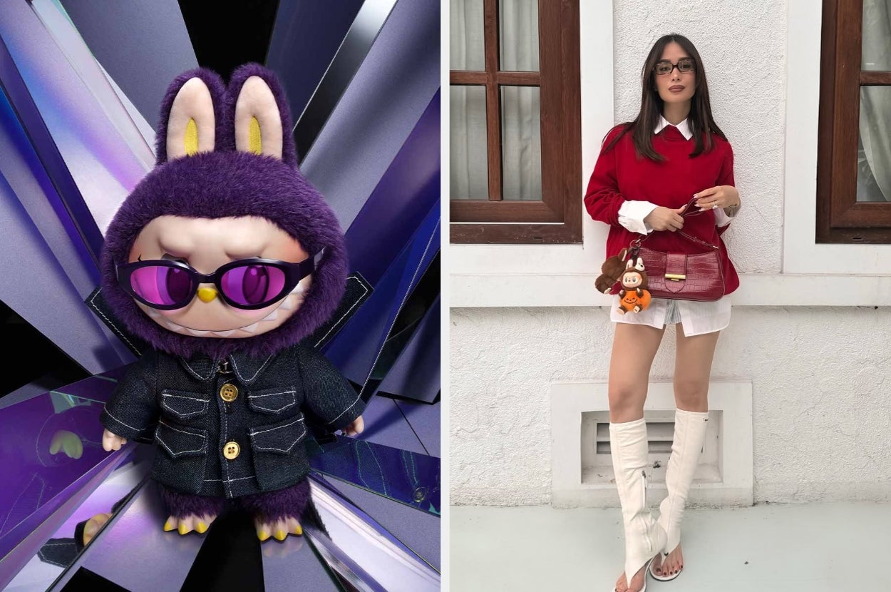 Left: Cute plush toy with bunny ears and sunglasses in a stylish outfit. Right: Person wearing a red sweater, white shirt, and knee-high boots, holding a handbag