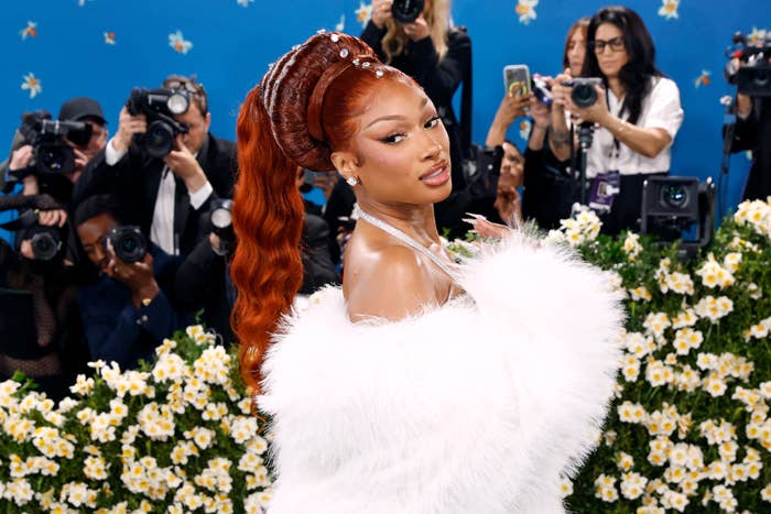Megan Thee Stallion successful  a feathered gown poses confidently for photographers astatine  an event, surrounded by floral decor
