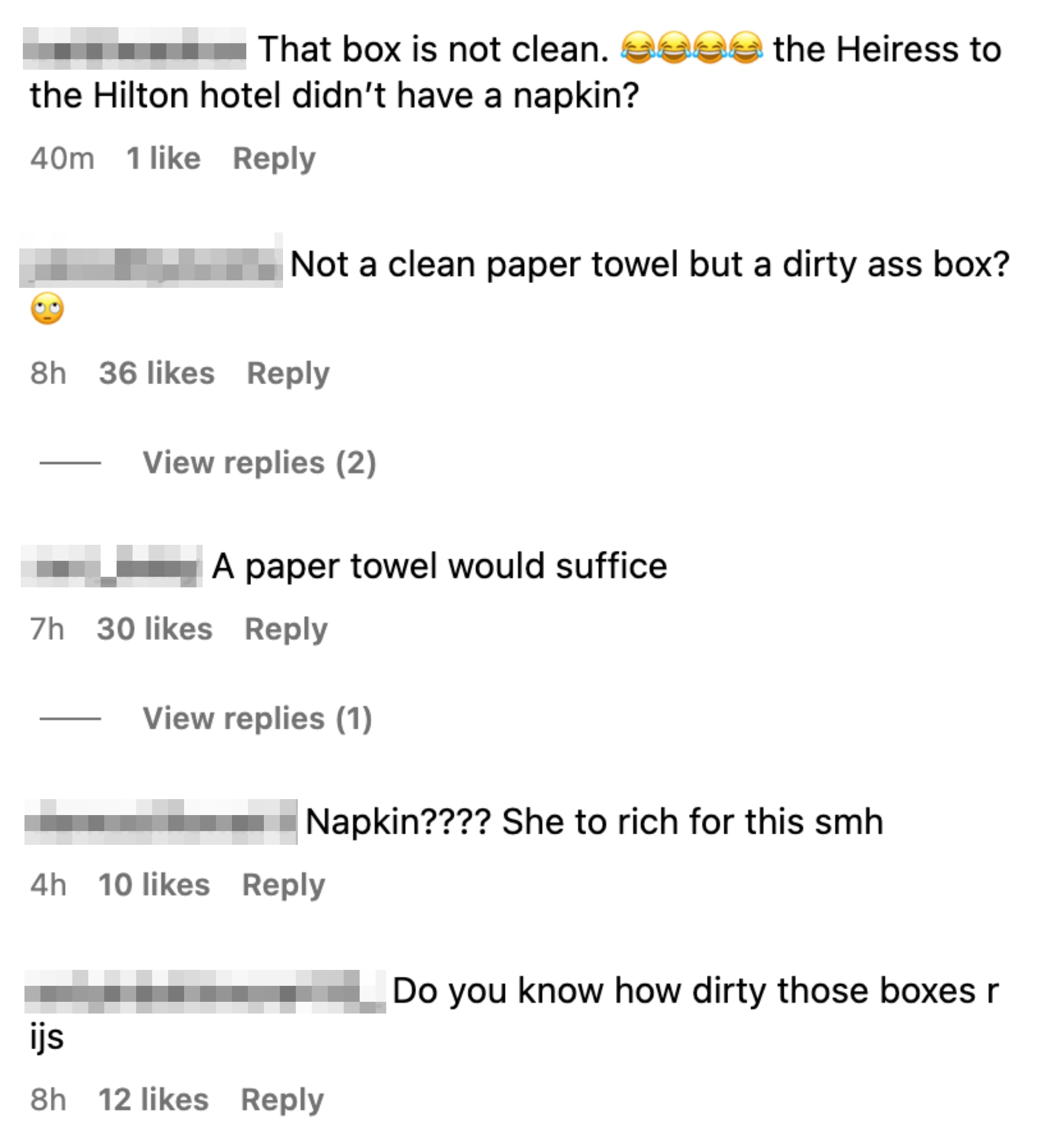 A series of comments jokingly discussing the use of a box instead of a napkin by Paris Hilton