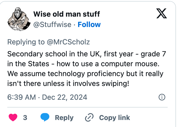 Reply about secondary school tech proficiency, noting first-year UK secondary equivalent to grade 7 in the US, focusing on using a computer mouse