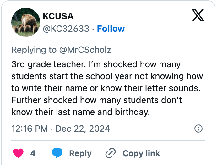 A teacher is shocked by the number of students who don't know how to write their name, letter sounds, or their last name and birthday