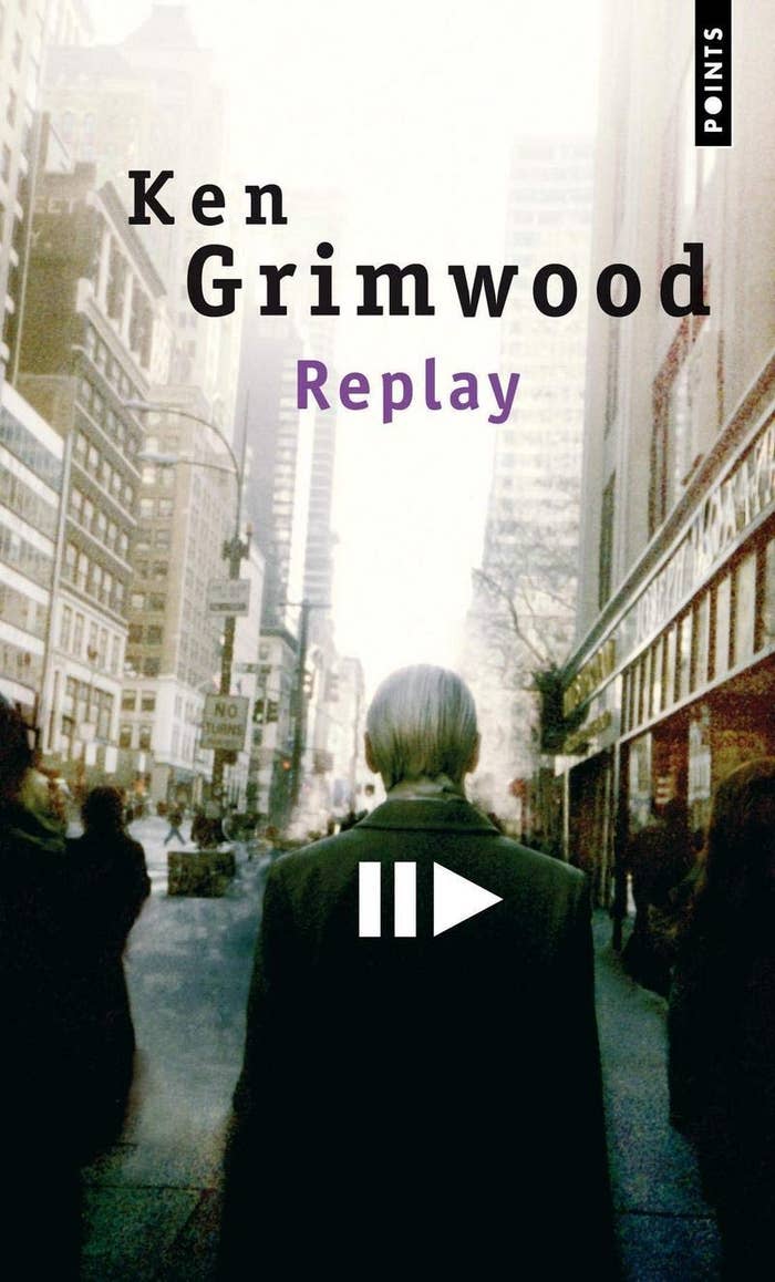Book cover for "Replay" by Ken Grimwood, showing a solitary figure walking down a city street lined with tall buildings