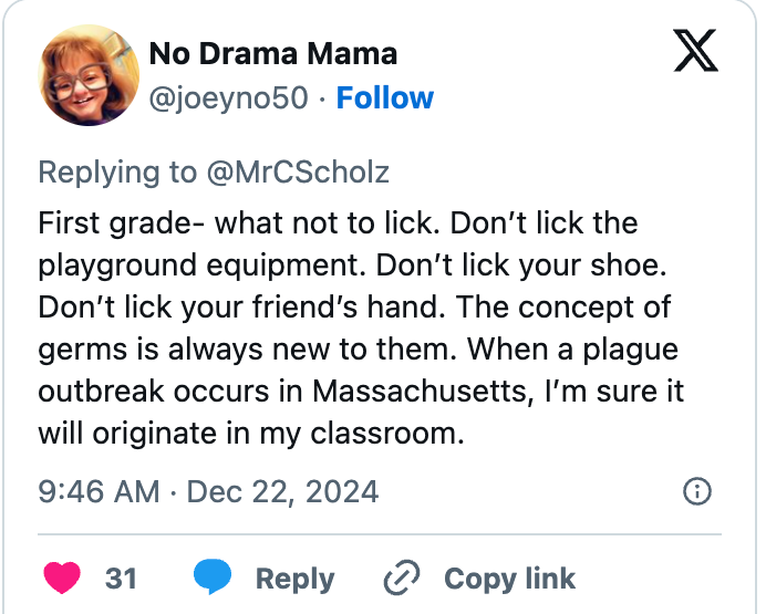 Twitter post humorously lists what not to lick for first graders, commenting on kids' unfamiliarity with germs and jokingly predicting a plague origin