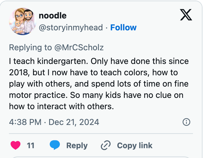 Tweet about a kindergarten teacher's challenges with teaching social interaction, colors, and motor skills since 2018