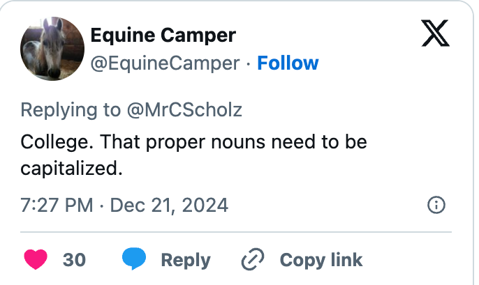 Tweet reply by @EquineCamper: "College. That proper nouns need to be capitalized." 30 likes, 1 comment, 1 repost