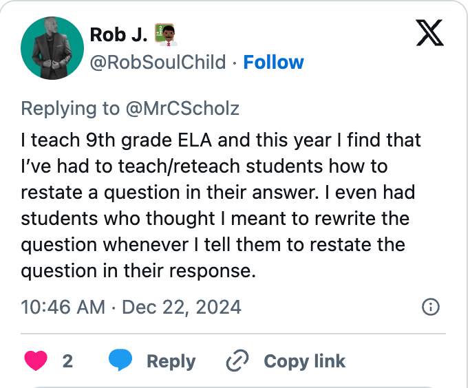Tweet by user explaining challenges in teaching 9th grade English, focusing on helping students restate questions in answers