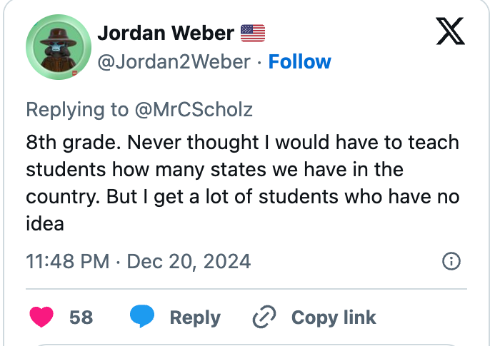 A social media post by Jordan Weber mentions teaching students about the number of U.S. states