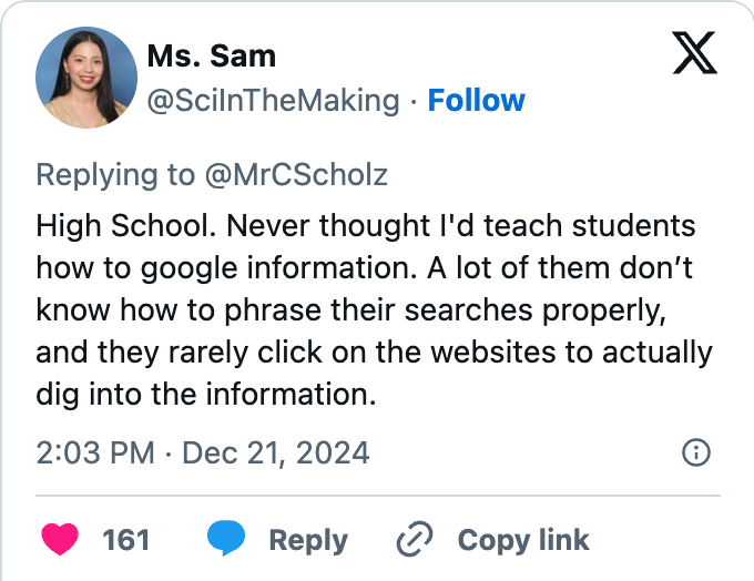 Reply about teaching high school students how to search effectively online, highlighting issues with phrasing and engaging with sources