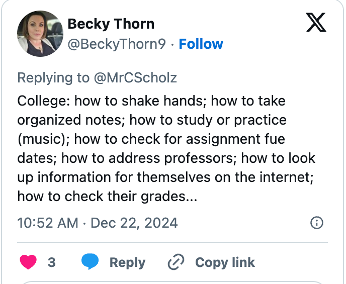 Tweet listing college tips: shaking hands, taking notes, studying, checking assignment deadlines, addressing professors, online research, checking grades