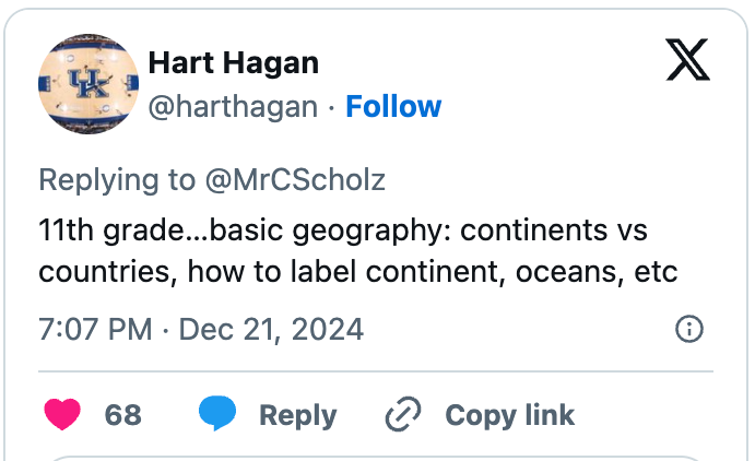 Tweet discussing 11th grade geography topics like continents vs countries and labeling continents and oceans