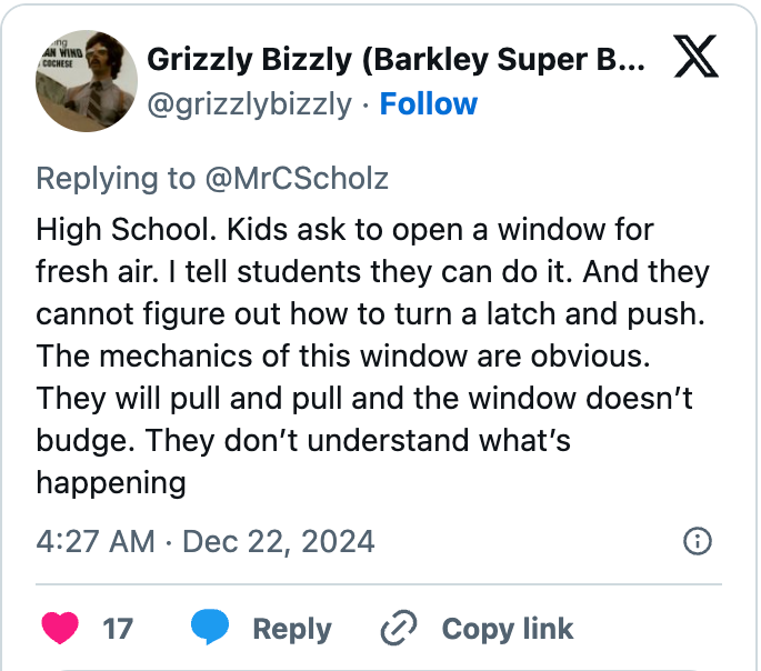 Tweet about high school students struggling to open a window's latch and push mechanics, showing generational differences in understanding