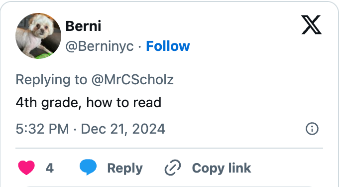 Social media reply by user Berni: "4th grade, how to read."