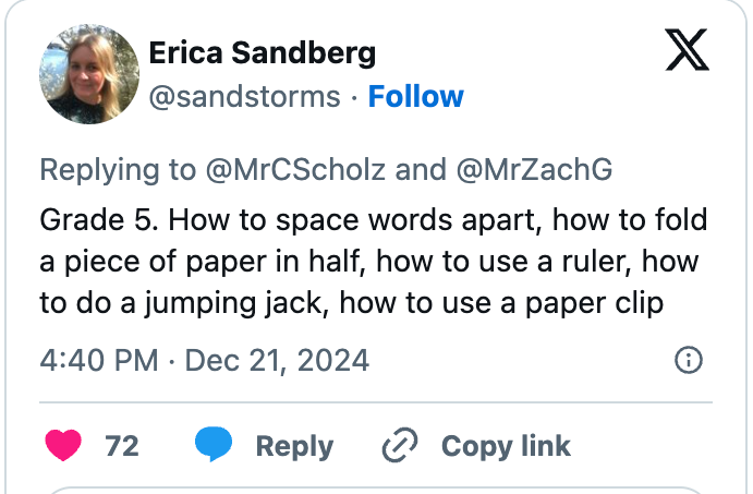 Tweet from Erica Sandberg listing elementary tasks: spacing words, folding paper, using a ruler, doing a jumping jack, using a paper clip