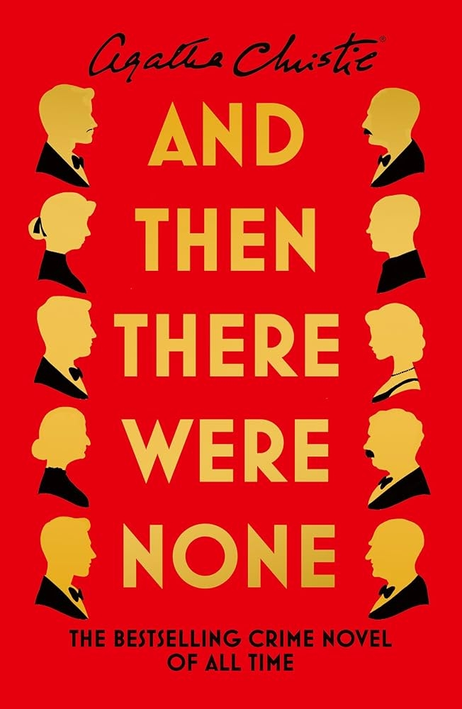 Cover of Agatha Christie's "And Then There Were None" with silhouettes of heads and the tagline "The Bestselling Crime Novel of All Time."