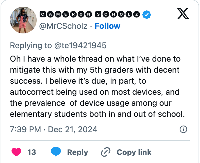 Tweet about using autocorrect to help 5th graders, emphasizing the rise of device usage among elementary students in and out of school