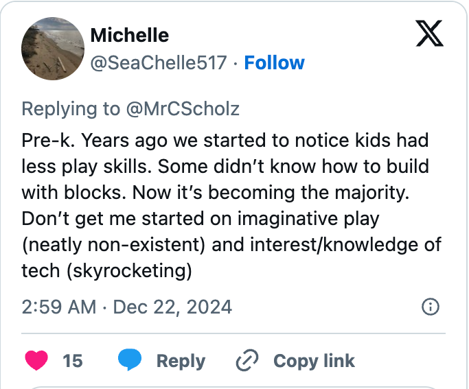 Tweet by Michelle (@SeaChelle517) discussing a decline in children's play skills and imaginative play, and rising tech interest. Dated Dec 22, 2024