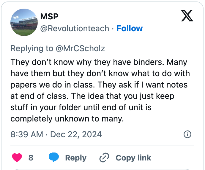 Reply discusses students' confusion about binders, unsure of organizing or using papers, and request class notes, showing a lack of understanding in class