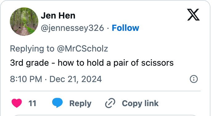 Tweet by @jennesey326: "3rd grade - how to hold a pair of scissors," replying to @MrCScholz