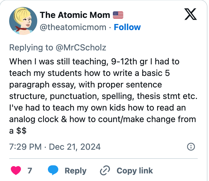 Tweet from The Atomic Mom about teaching basic 5-paragraph essays and practical skills like reading an analog clock and handling money