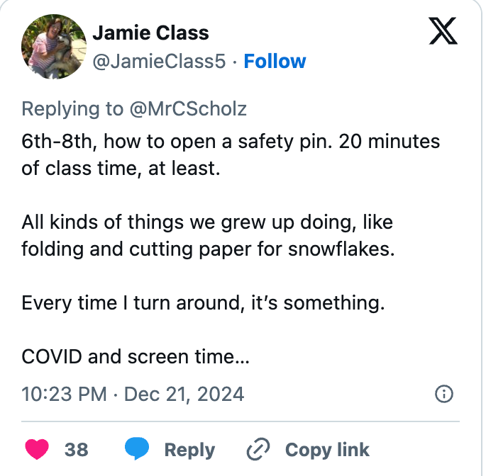 Tweet by Jamie Class5 discussing teaching how to open a safety pin, childhood activities like paper snowflakes, and being surprised by changes post-COVID