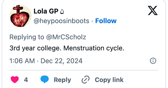 Tweet by Lola GP mentioning third year of college and menstruation cycle