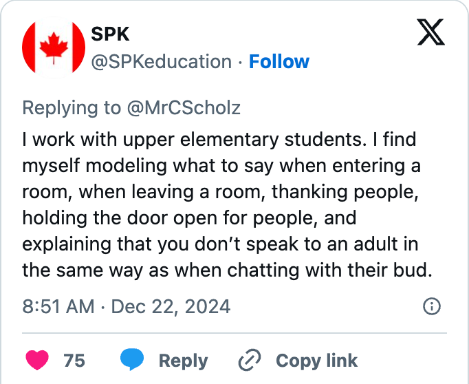 Tweet from @SPKeducation about modeling appropriate behavior for upper elementary students in various social situations
