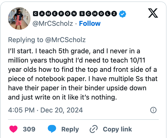 A tweet about teaching 5th graders how to find the top and front side of a notebook page, noting some have paper upside down