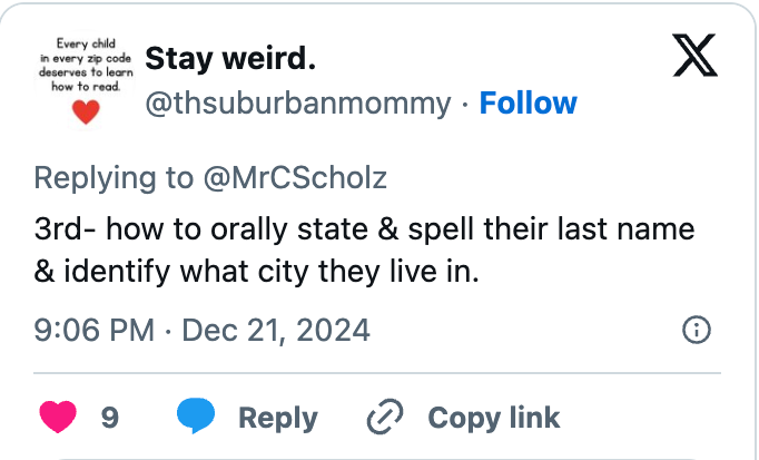 Tweet by @thsuburbanmommy about teaching children to state, spell their last name, and identify their city
