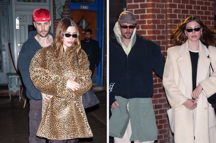 Two individuals walking outside. On the left, one wears a leopard print coat; on the right, one wears a cream coat. Both wear sunglasses