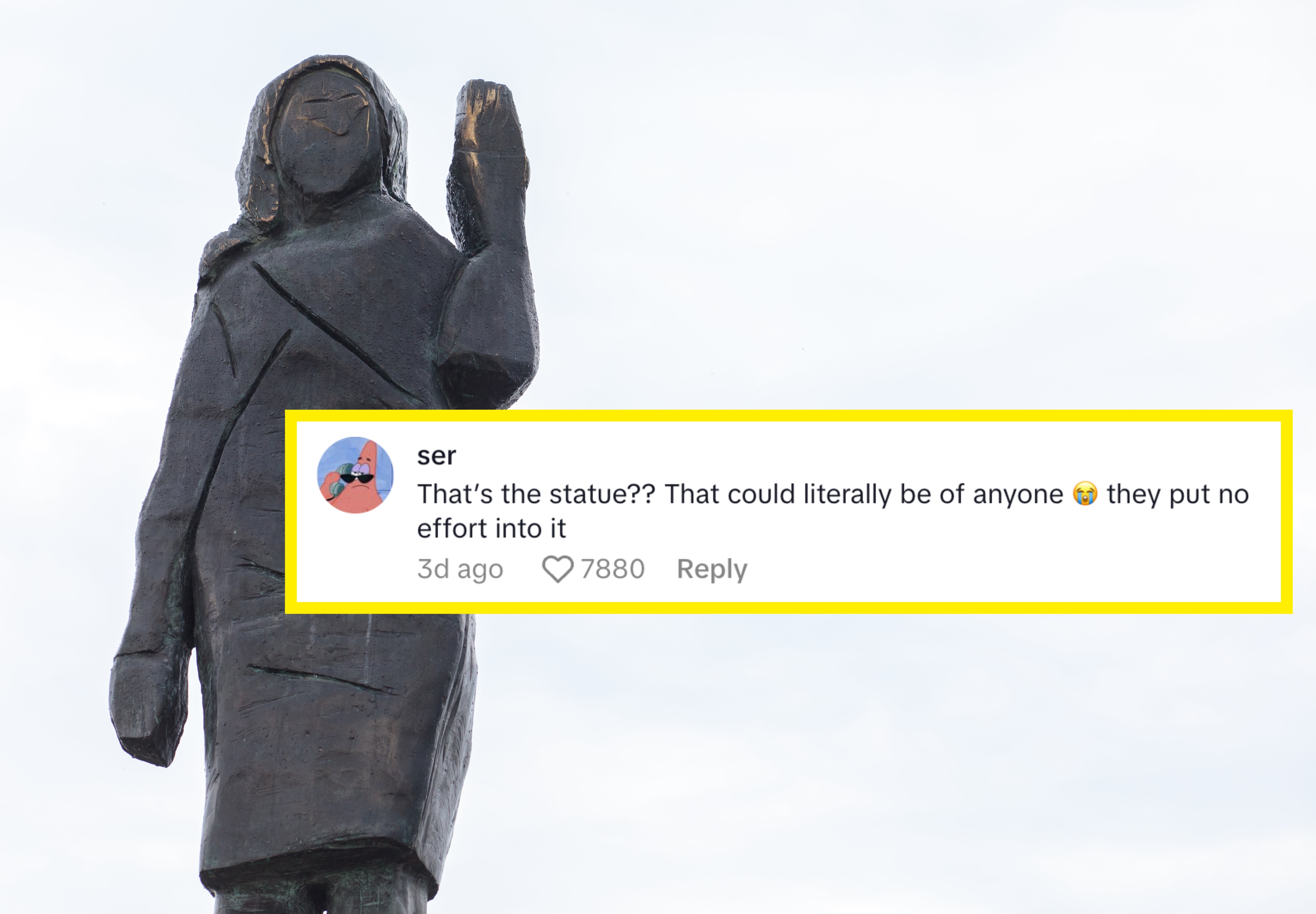 A statue of a cloaked figure stands with its right arm raised. Superimposed comment says: "That's the statue?? That could literally be of anyone, they put no effort into it"