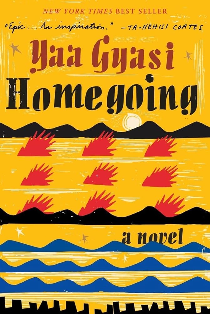 Cover of the book "Homegoing" by Yaa Gyasi, featuring praise from Ta-Nehisi Coates, with graphic waves and abstract shapes