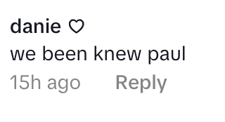 Comment by "danie ♡" saying, "we been knew paul," posted 15 hours ago