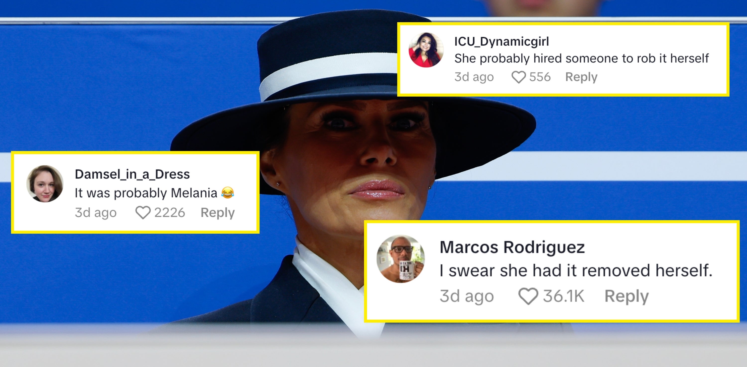 Melania Trump sits at the inauguration in a wide-brimmed hat; comments assert she orchestrated the theft