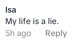 Comment saying, "My life is a lie," posted 5 hours ago by user Isa