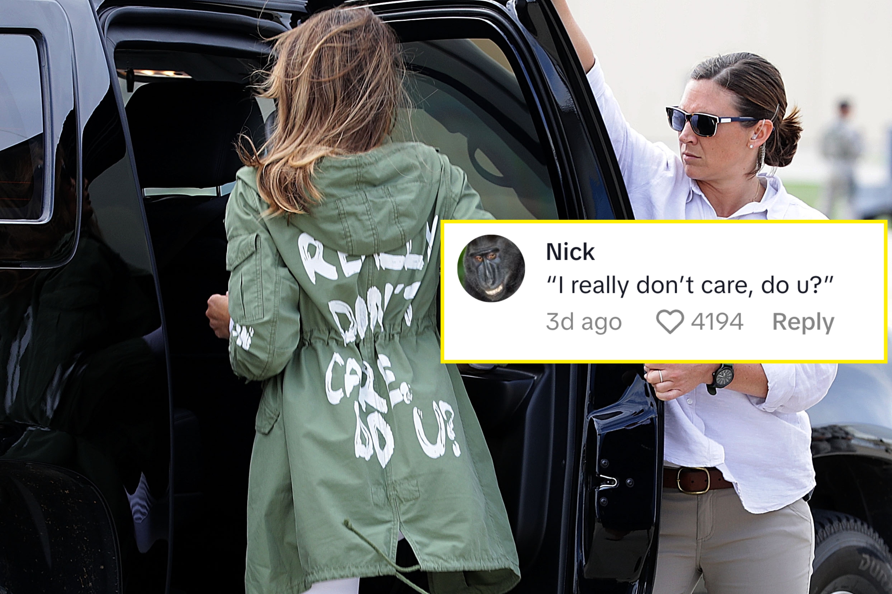 Melania Trump stepping into a vehicle wearing a jacket with the message "I Really Don't Care. Do U?" on the back. Another person holds the car door