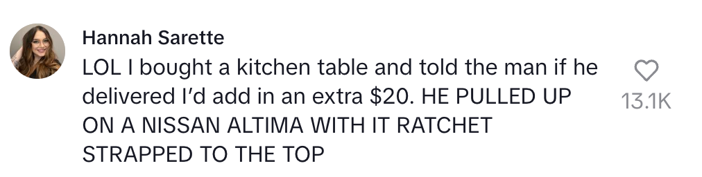 A person humorously shares a story about a kitchen table delivery using a Nissan Altima