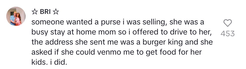 Text describing a stay-at-home mom requesting Venmo money for food at a meeting location (Burger King) to buy a purse from the seller