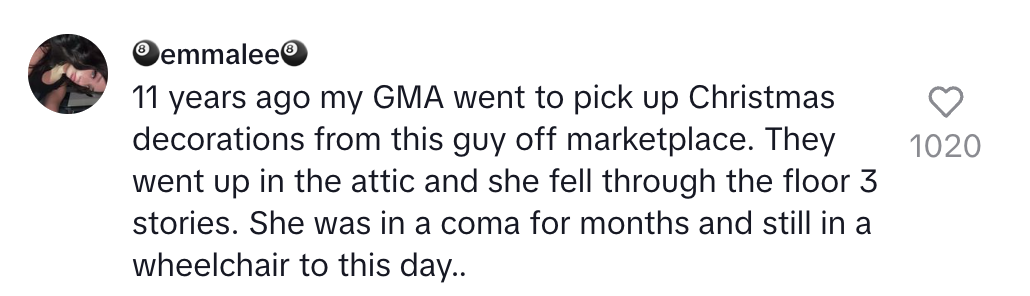 A social media post recounting a story about someone's grandmother falling through an attic floor, resulting in a coma and lifelong wheelchair use