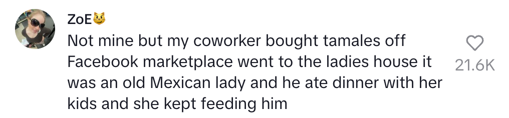 Text screenshot of a story about a coworker buying tamales from Facebook Marketplace and eating dinner with the seller's family