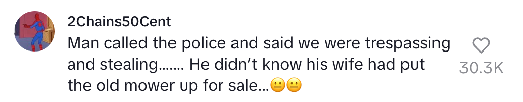 Comment about a man who called the police for theft without knowing his wife was selling an item. Includes a laughing emoji reaction and likes