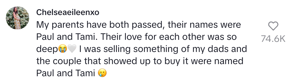 A person shares a touching coincidence: parents named Paul and Tami passed; later, a couple buying their dad's item are also named Paul and Tami