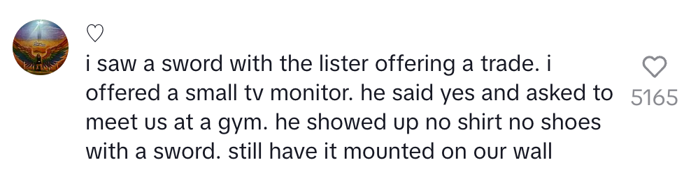 Social media post recounting a sword-for-TV trade, mentioning a gym meetup with the person holding a sword. Sword is now displayed on a wall