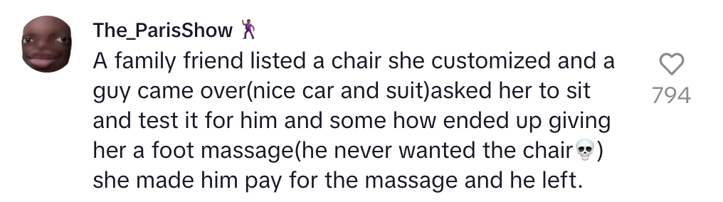 A person customized a chair, a man in a suit tested it, gave a foot massage instead, paid for it, then left