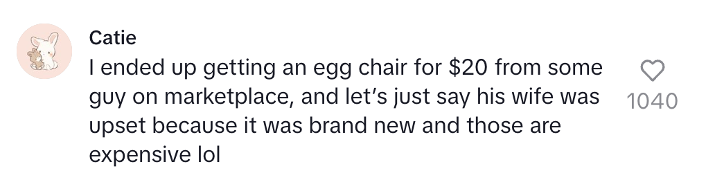 Comment about buying a new egg chair for $20 on a marketplace, with a humorous note about the seller's wife's unexpected reaction